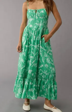 American Eagle Corset Tiered Floral Cotton Midi Dress Medium Women’s Green thumbnail 1