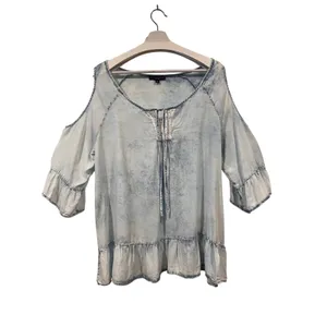 Signature Studio Chambray Cold Shoulder Ruffle Tunic Top Plus 1X thumbnail 2