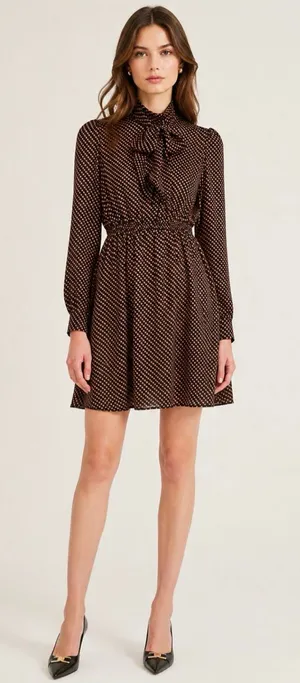 Tara Jarmon Brown Black Polka Dot Bow Tie Long Sleeve Fit Flare Mini Dress 6 thumbnail 1