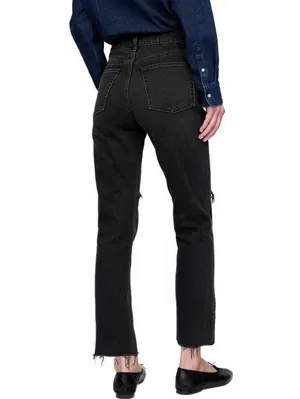 Gap Short High Rise Cheeky Straight Jeans NWT Worn Black Destroy Size 26S thumbnail 2