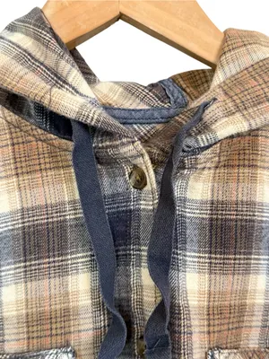 Carhartt Women’s L 12/14 Hooded Plaid Flannel Shirt Brown Blue Button Front thumbnail 2