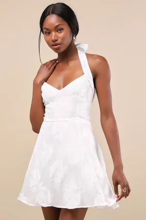 NWT Lulus Bonni White Floral Jacquard Halter Mini Dress Engagement Party Size XL thumbnail 1