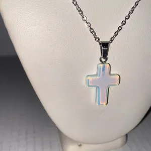 Women's Faux Iridescent Opal Cross Silver-Tone Fashion Necklace thumbnail 4