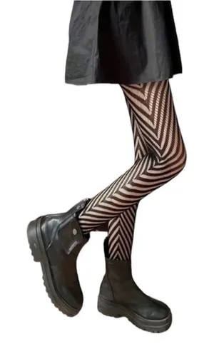 Striped Black Fishnet Tights, High Waist Hollow Out Mesh‎ Pantyhose One Size thumbnail 1
