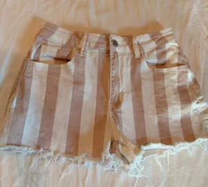 Altar’d State Striped Denim Cutoff Shorts Tan Cream Size Small thumbnail 1