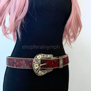 Red Floral Embossed Rose Buckle Western Y2K Belt, Fits 32.5-41 Inches, X7GA1290 thumbnail 5