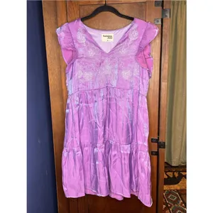 Savanna Jane Embroidered Tiered Mini Iridescent Dress Purple Flutter Sleeve M thumbnail 3