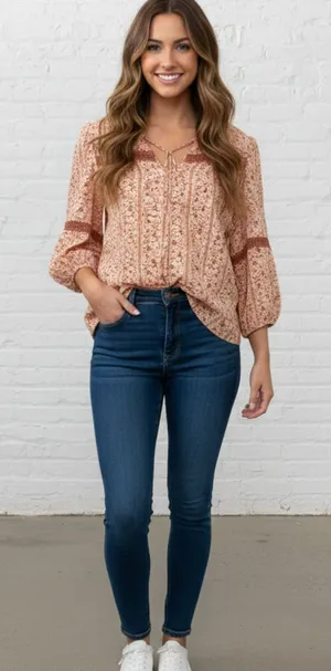 Boho Peasant Blouse M Floral Crochet Lace Tie Neck 3/4 Puff Sleeve Festival thumbnail 1