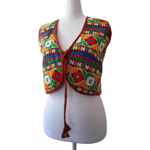 Retro Bohemian Multicolored Embroidered Tie Front V-Neck Cropped Vest thumbnail 3