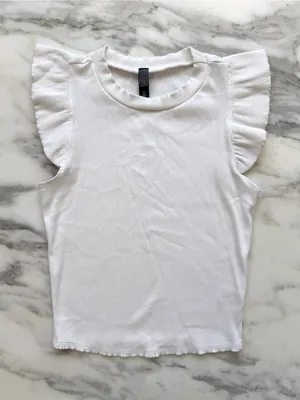 Alya White Ribbed Ruffle Flutter Sleeve Top • Sz M thumbnail 1