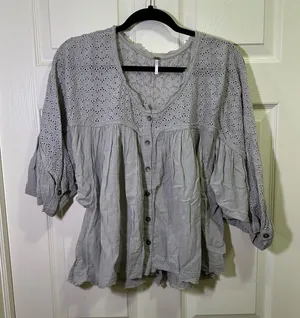 Free People Crochet Eyelet Top Sz XS 3/4 Sleeve Button Up Boho Oversize Festival thumbnail 1