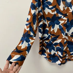 Ann Taylor Factory Women Rusty Orange White Blue Floral Blouse Long Sleeve Sz L thumbnail 7