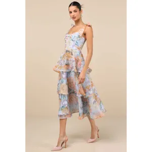 Lulus Playfully Posh Blue Floral Organza Tie-Strap Tiered Midi Dress Medium NWT thumbnail 2