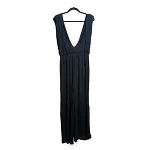 Free People Black Wide Leg Jumpsuit Deep V Neck Boho Flowy‎ Silhouette Sz S thumbnail 2