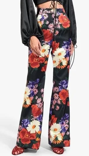STAUD Austin Pants Size 4 Satin Floral‎ Bloom Flares Black Daisy Retro Festival thumbnail 1
