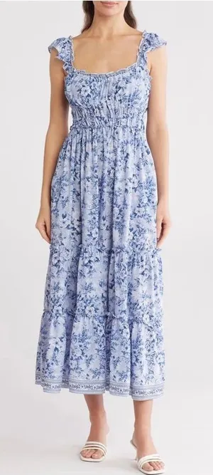 Max Studio Ruffle Cap Sleeve Tiered Maxi Dress, Light Blue Floral, Size Small thumbnail 1