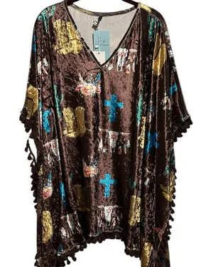 NWT Fashion U Brown Crushed Velvet Western Poncho With Tassels thumbnail 1