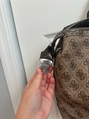 GUESS Brown Monogram Satchel Purse with Logo Plaque thumbnail 5