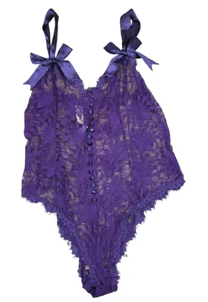 Vintage Victorias Secret Gold Label Purple Floral Lace Bodysuit Bows Size Large‎ thumbnail 1