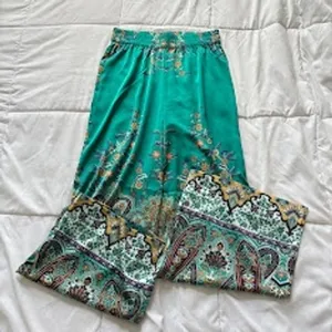 Rachel Zoe Womens XS Green Paisley Floral Satin‎ Wide Leg Boho Relaxed Pants thumbnail 1