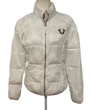 True Religion White Lightweight Puffer Jacket Women’s Medium Logo Zip Coat thumbnail 1