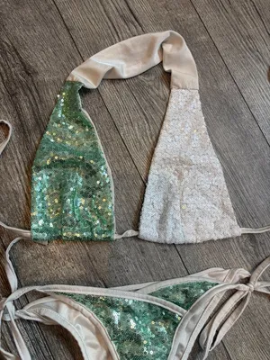 Teal and White Sequins Two-Piece Bikini Swimsuit Medium Women's Cheeky thumbnail 2