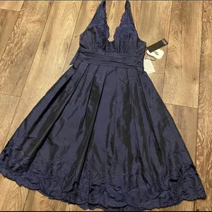 Adrianna Papell Navy Blue Halter Dress | Knee Gown | Semi Formal | Size 8 NWT thumbnail 2