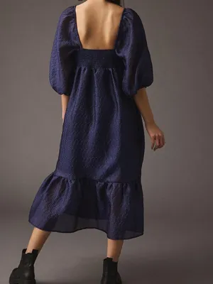 NWT Anthropologie Navy Blue Textured Puff Sleeve Dress thumbnail 2