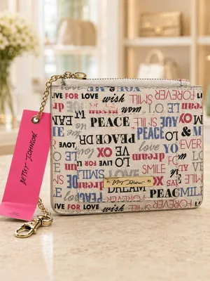Betsey Johnson Multicolor Word Print Zip Card Holder Keychain Wallet NWT thumbnail 2