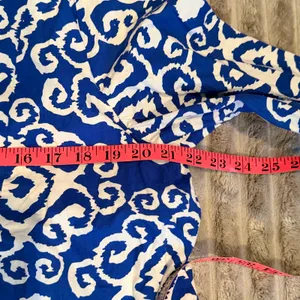 Calessa Blue‎ White Ikat Damask Tiered Cotton Mini Dress L Lined Flare Sleeve thumbnail 6