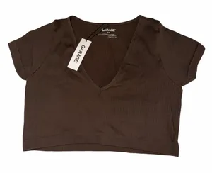 Garage brown ribbed deep v-cut short sleeve shirt thumbnail 1