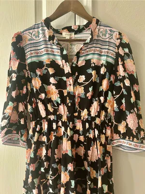 Umgee Black Floral Midi Dress with Pink and Peach Blooms thumbnail 3