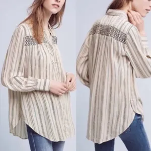 Anthropologie Floreat Norfolk Blouse Striped Long Sleeve Shirring Smocked Sz‎ XS thumbnail 3