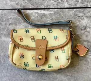 Dooney & Bourke Multi-Color Monogram Wristlet Pouch Cream Heart Charm Vintage thumbnail 1
