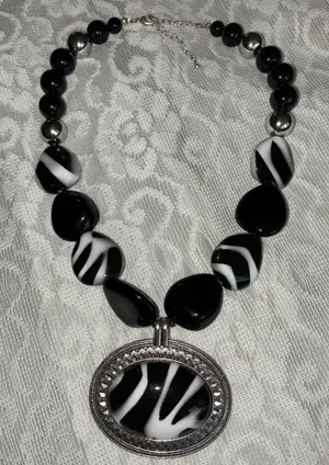 Chunky Black & White Zebra Print Statement Necklace – Large Oval Pendant 20-23” thumbnail 1
