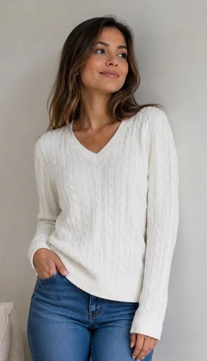 St. John’s Bay Cable Knit V-Neck Sweater White Cream Cotton Blend Size L thumbnail 1