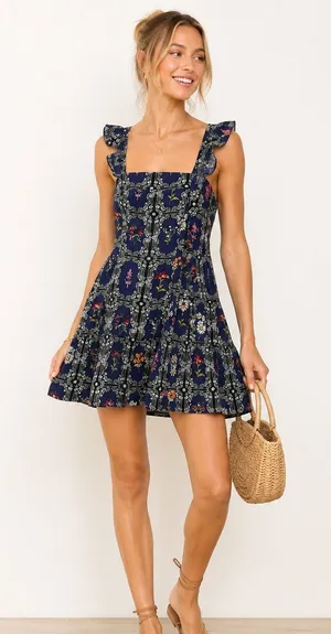 Agua Bendita X Target Blue Ruffled Ditsy Floral Mini Dress XXS Tiered Boho thumbnail 1