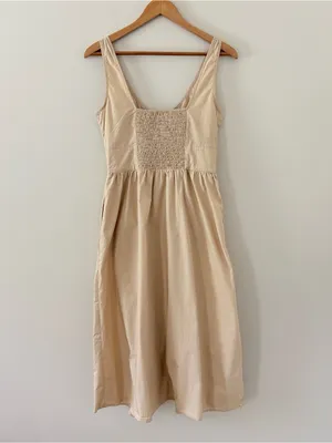 J Crew Button-front 100% cotton poplin midi dress smocked back sleeveless tan 4 thumbnail 8