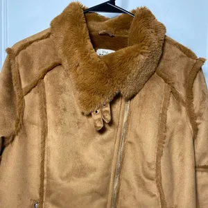 Wiya / Boutique Faux Suede Fur Full Zip Moto Jacket Camel Sz Medium thumbnail 3