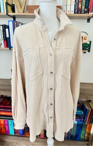 Aerie Women's Cream Waffle-Knit Button Front Shirt Jacket thumbnail 1