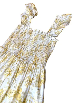 Aqua Yellow Smocked Floral Sundress Cottagecore Maxi Lined w Pockets thumbnail 3
