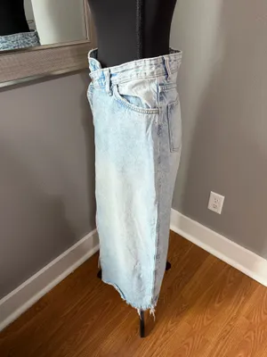 Zara TRF Crossover Long Denim Split Front Rough Hem Maxi Skirt Size Small. thumbnail 4