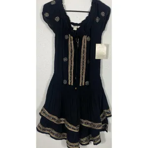 Boston Proper Black Embroidered Beaded Mini Floral Dress Scoop Neck Size S thumbnail 2