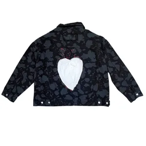 POL Denim Jacket Women LG‎ Black Camo Hand Painted Heart Graphic Streetwear Boho thumbnail 2