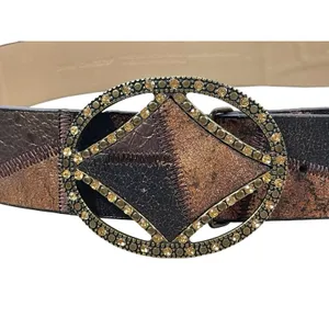Y2K Chico’s Brown Patchwork Wide Belt M Rhinestone Geometric Buckle Boho Western thumbnail 4