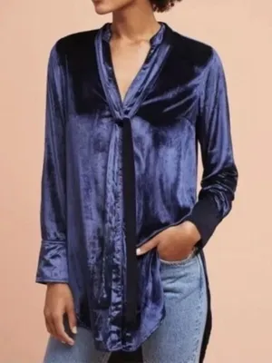 Anthropologie Maeve Tie-Neck Crushed Velvet Navy Blue Blouse thumbnail 4