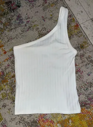 American Eagle White Ribbed One Shoulder Tank thumbnail 1