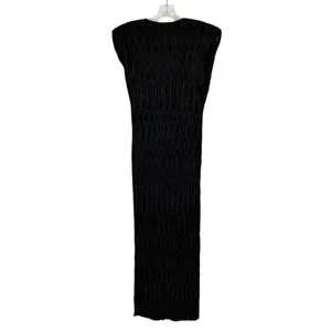 By ANTHROPOLOGIE Black Ruched V-Neck Side Slits Midi Dress Plissé Finish Size XS thumbnail 4