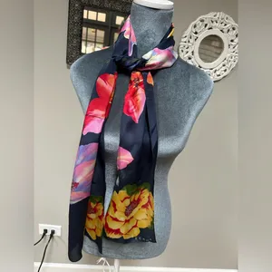 Navy blue large flower floral print echo scarf neck tie belt headband oblong thumbnail 3