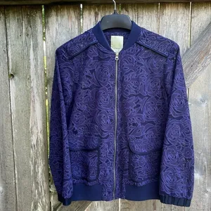 Anthropologie EUC Elevenses Miranda Lace Bomber Jacket Purple Oversized Small thumbnail 3